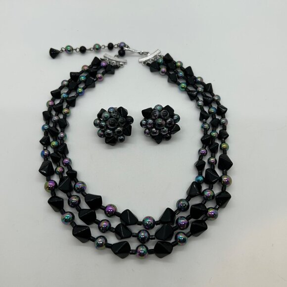 Vintage Japan Black Iridescent Bead Necklace Clip-On Earrings Set Elegant READ - Picture 2 of 14